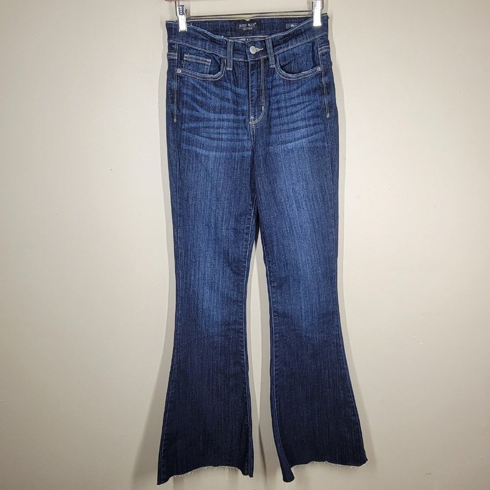 Judy Blue Dark Wash Flare Jeans Raw Hem High Rise 82343 3 26